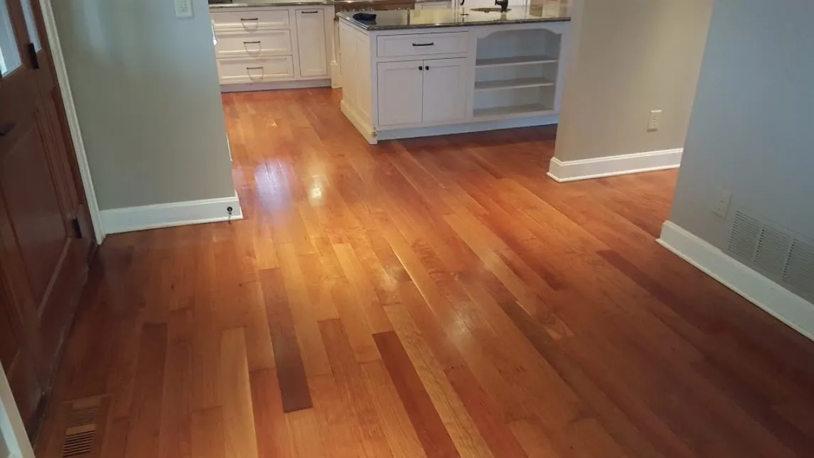 Freshly sanded and finished hardwood floor in a Lexington, Kentucky home